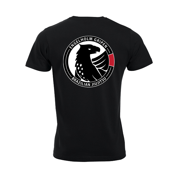 Svart T-shirt med Engelholm Gripen logotyp på ryggen